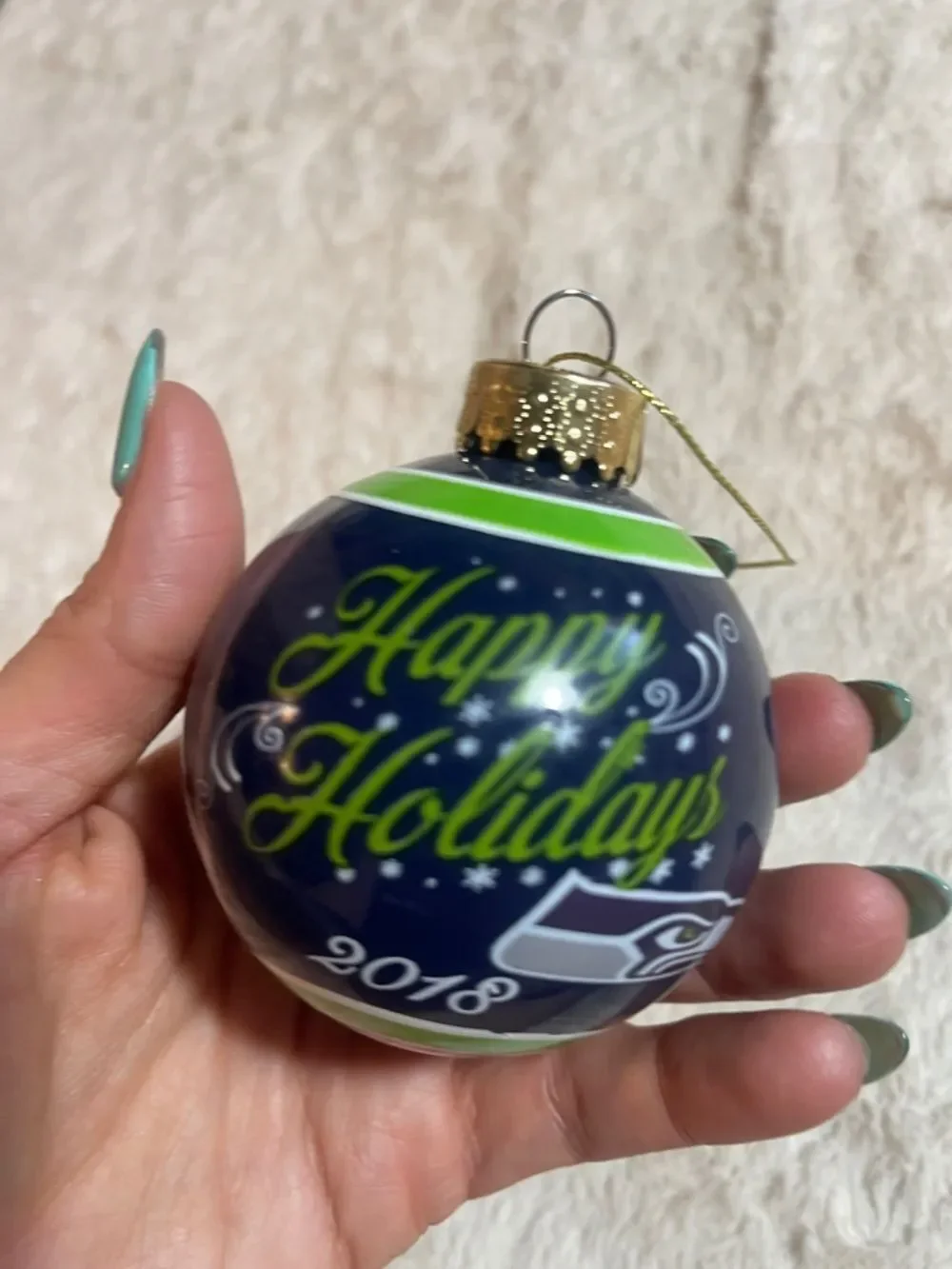 Seattle Seahawks Navy & Lime 'Happy Holidays' 2018 Ornament